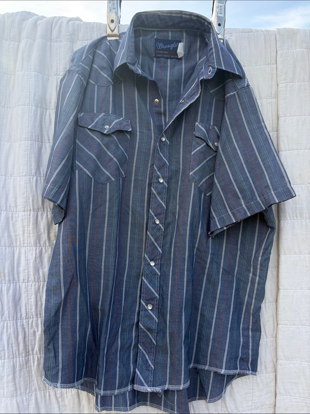 Wrangler Navy Blue Vertical Stripe Short-Sleeve Western Shirt READlost size tag